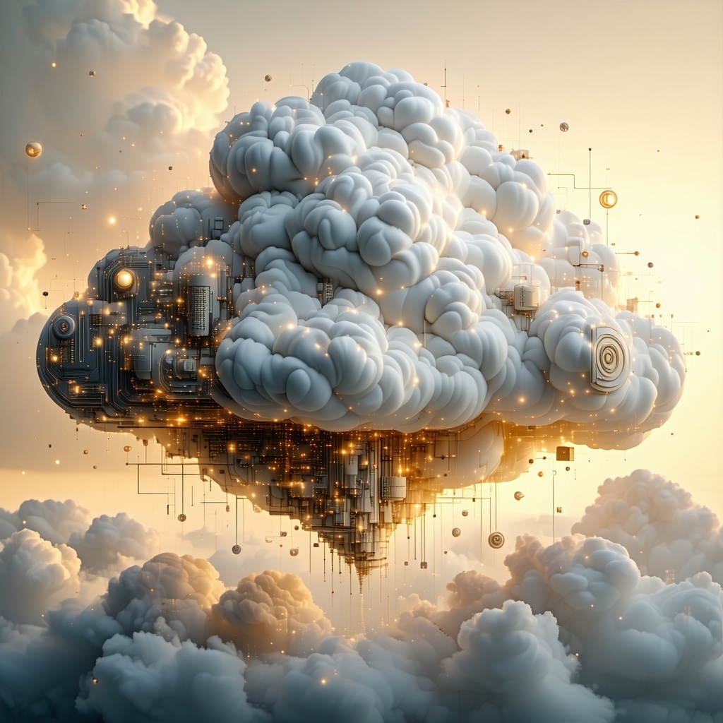 Please generate a artistic picture of a cloud that is protected with backup restore and immutability in beige bronze and black Add more technology into it-1